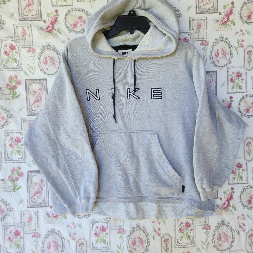 Vintage Nike Spellout Hoodie Grey Pullover Sweatshirt Unisex Medium